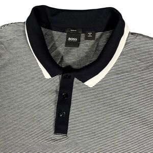 BOSS Hugo Boss Men XXL Slim Fit‎ Polo Shirt Gray Micro-Stripe Black White Trim